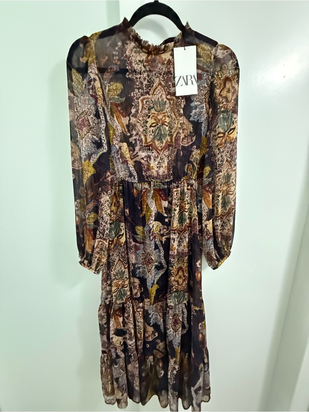 Zara Long-Sleeve Tiered Paisley Midi Dress - Black, Brown, Green, Gold